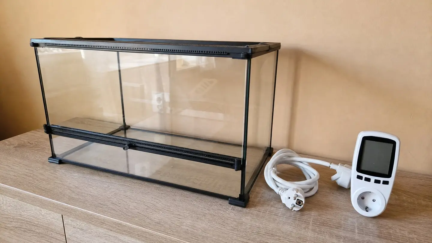 Puste szklane terrarium i watomierz gniazdkowy z wygaszonym wyświetlaczem na blacie