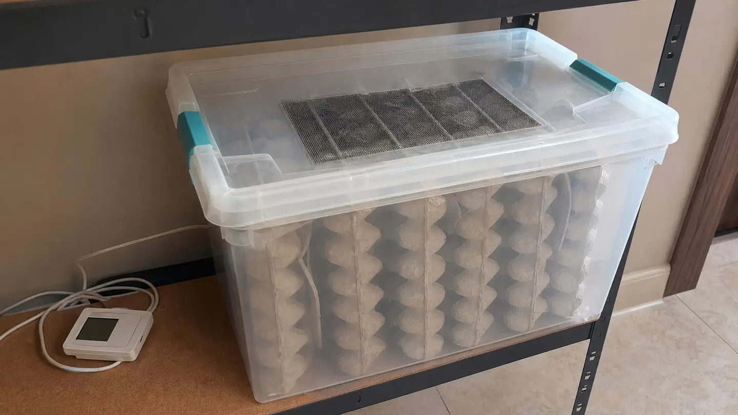 Duży plastikowy pojemnik z siatką w wieku stojący na półce regału, w środku pionowo ustawione tekturowe wytłoczki